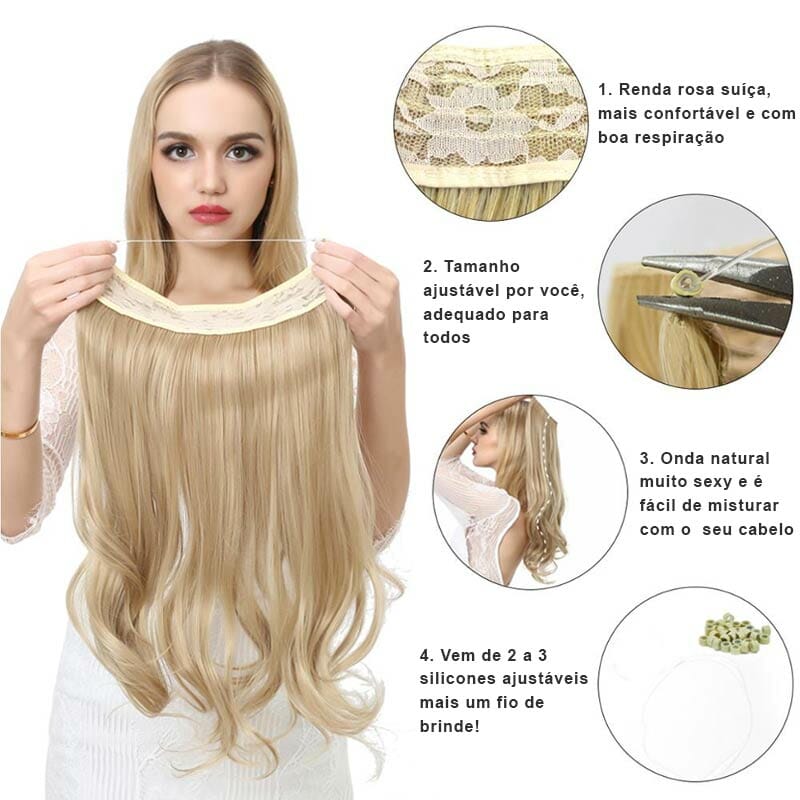 Aplique de Cabelo Mega Hair Wig Extension Preto para Loiro Cinza 50cm