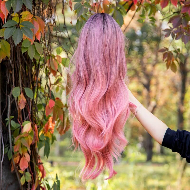 Front Lace Wig Fashion Cabelo Sintético Rosa Ondulado Raiz Preta 65cm
