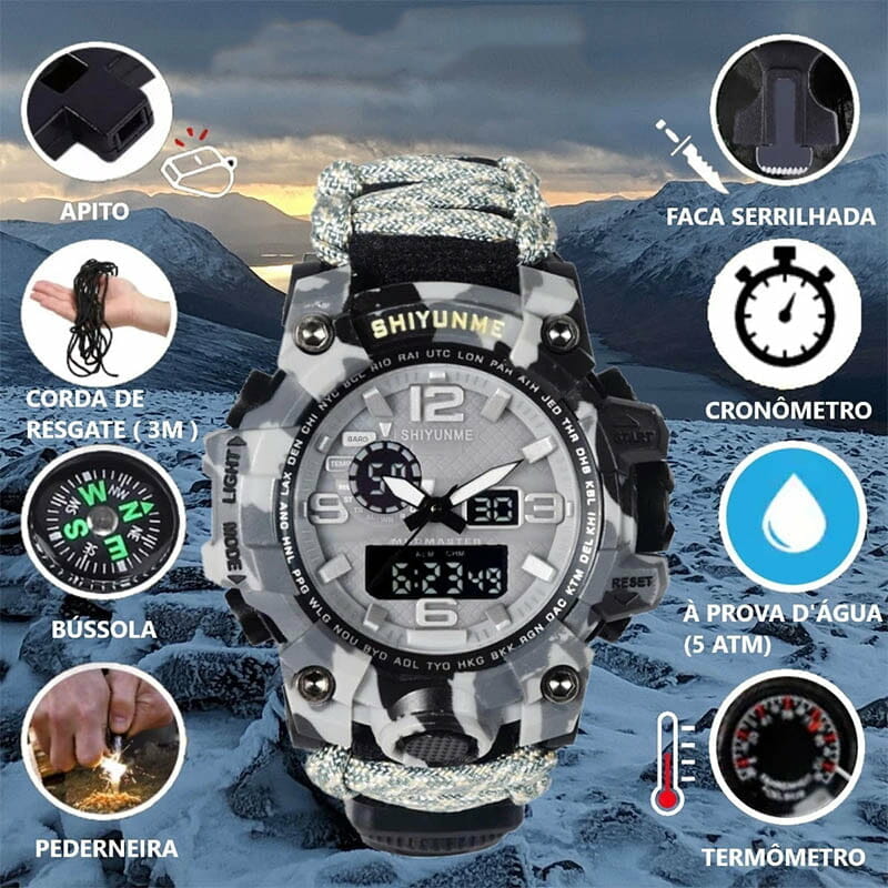 Relógio Tático Adventure Watch com 8 funções de Sobrevivência